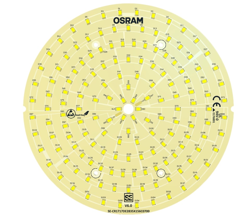 SE-CR1717DE2835X156C0700 ماژول اسرام گرد توان 32 وات قطر 17 سانتیمتر آلومینیوم ضخامت 1.6 میلیمتر تغذیه درایور جریان ثابت 700 میلی آمپر - تصویر 1
